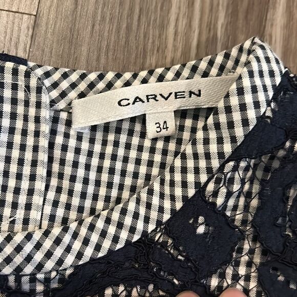 NWOT CARVEN DESIGNER LACE AND GIGHAM BLOUSE NAVY AND WHITE SIZE XS/2 - Picture 4 of 9